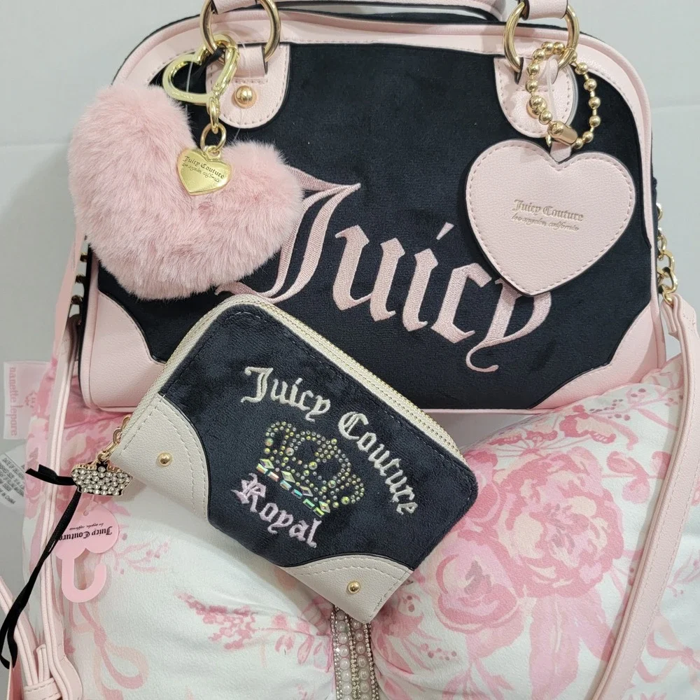 Juicy Couture Urban Heritage Bowler Bag VELOUR With Heart POM Bag Charm & WALLET